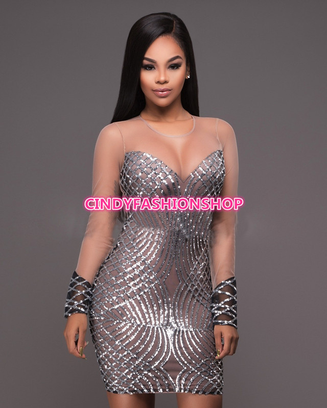 USA Women Mesh Sequin O-Neck See Through Body con Sexy Party Night Club Dress