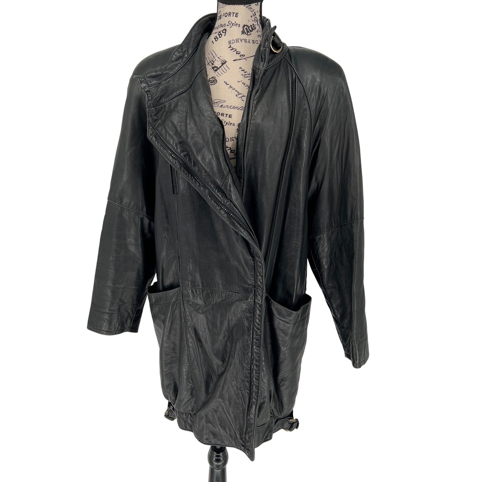 Vintage G-III Leather Fashions Oversized Black Leather Jacket Drawstring Waist