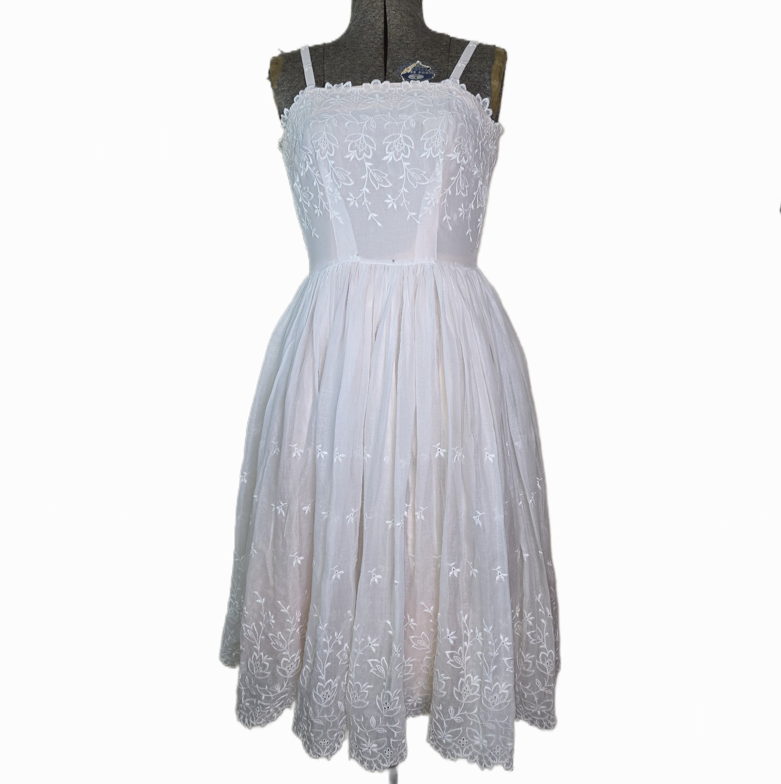 Vintage 50s 60s White Pale Pink Eyelet Lace Embroidered Handmade Dress XS