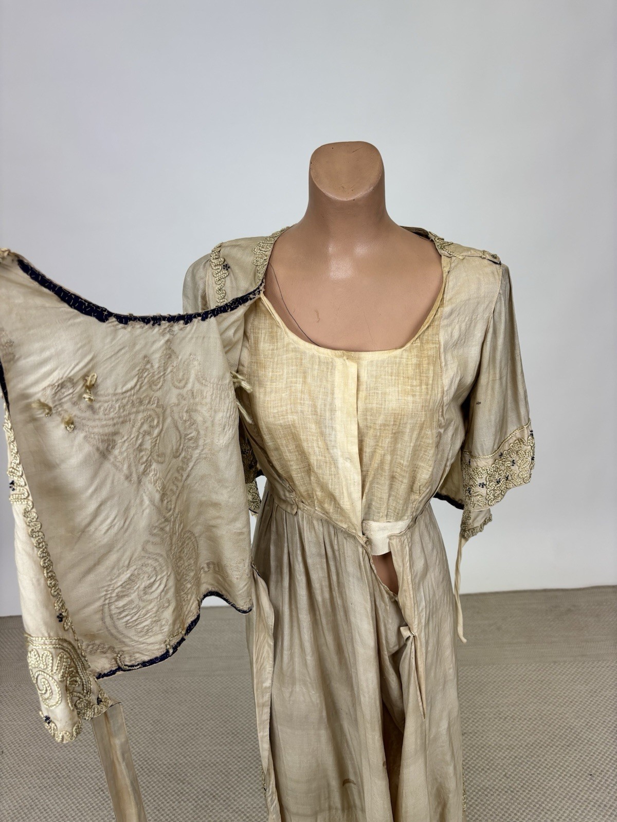 Antique Edwardian 1910s Beige Silk Day Dress Cording Blue Beads Wrap Bodice