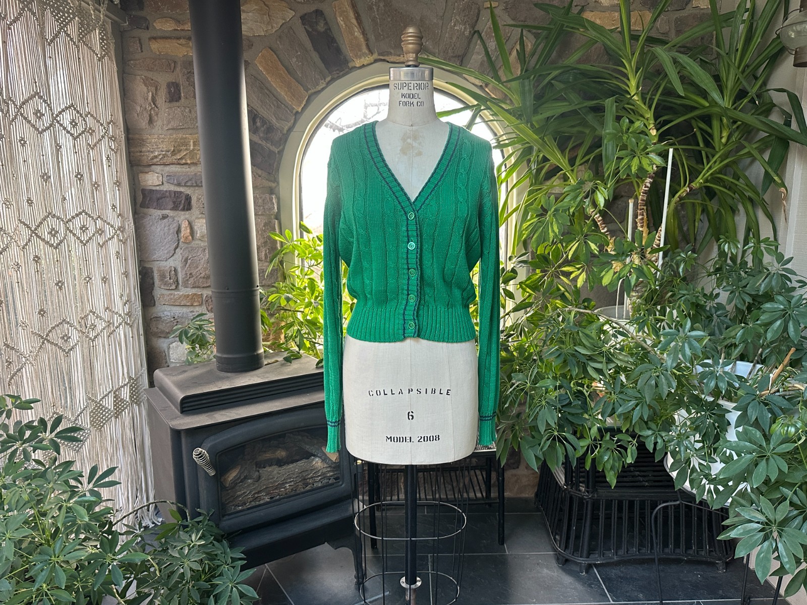 Vintage 1990s Green Ramie and Cotton V Neck Cardigan Sweater Clipper Bay