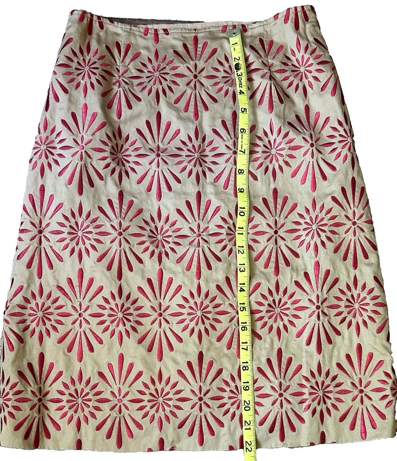 Vtg Talbots Pencil Skirt 100% Cotton Tan w/ Red Embroidery Floral, Lined, 4-UEC