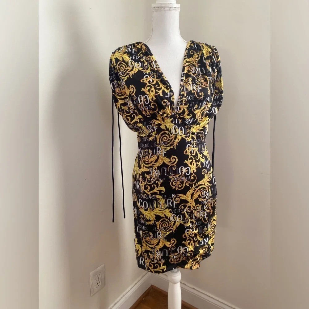 Versace Jeans Couture Logo Print Black and Gold Mini Dress Size 8