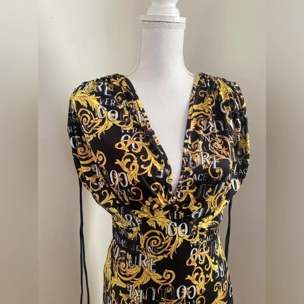 Versace Jeans Couture Logo Print Black and Gold Mini Dress Size 8