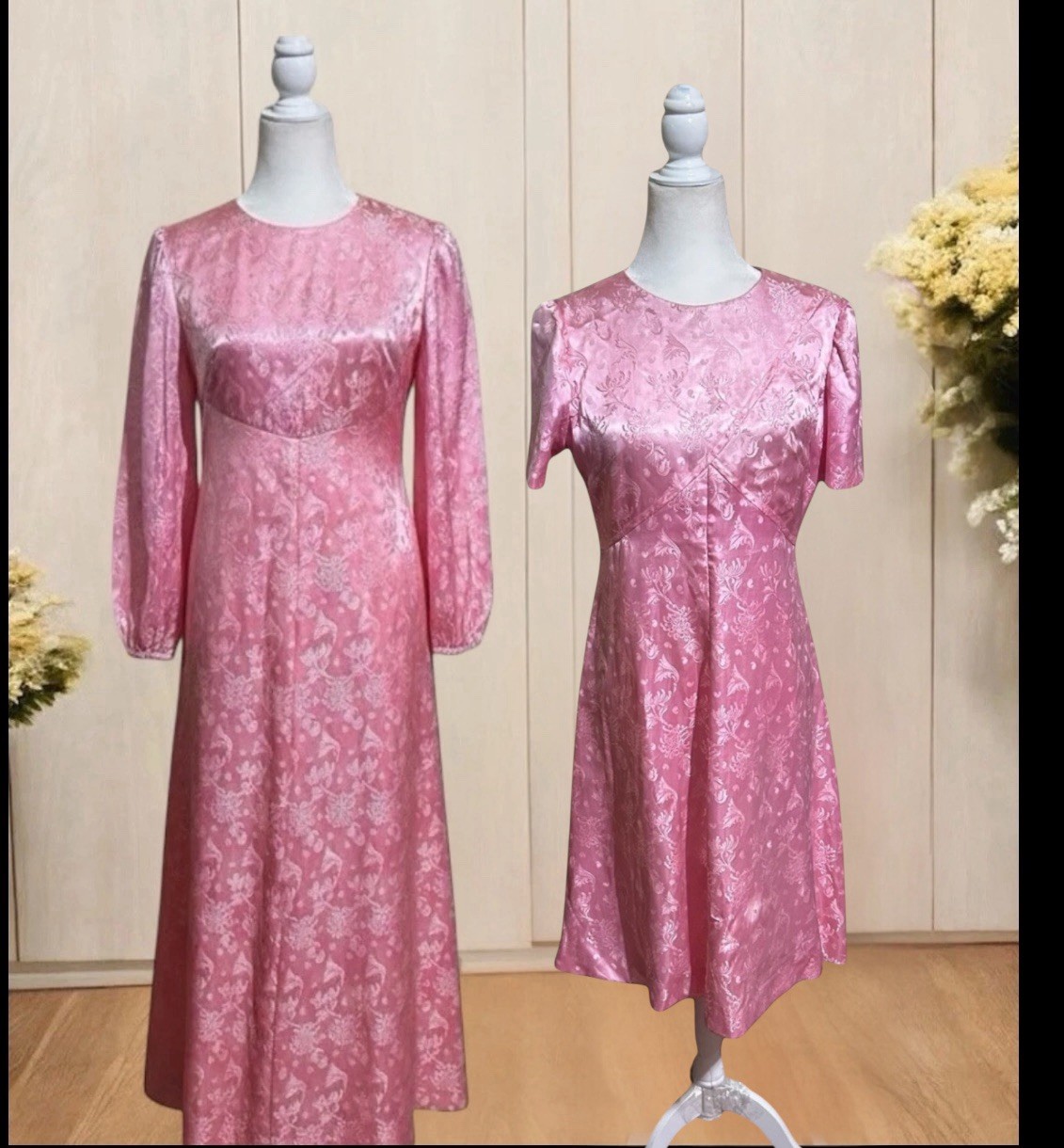 VTG 1950s Satin Jacquard Dress Korean Set Maxi Midi Peony Floral Pink Size L