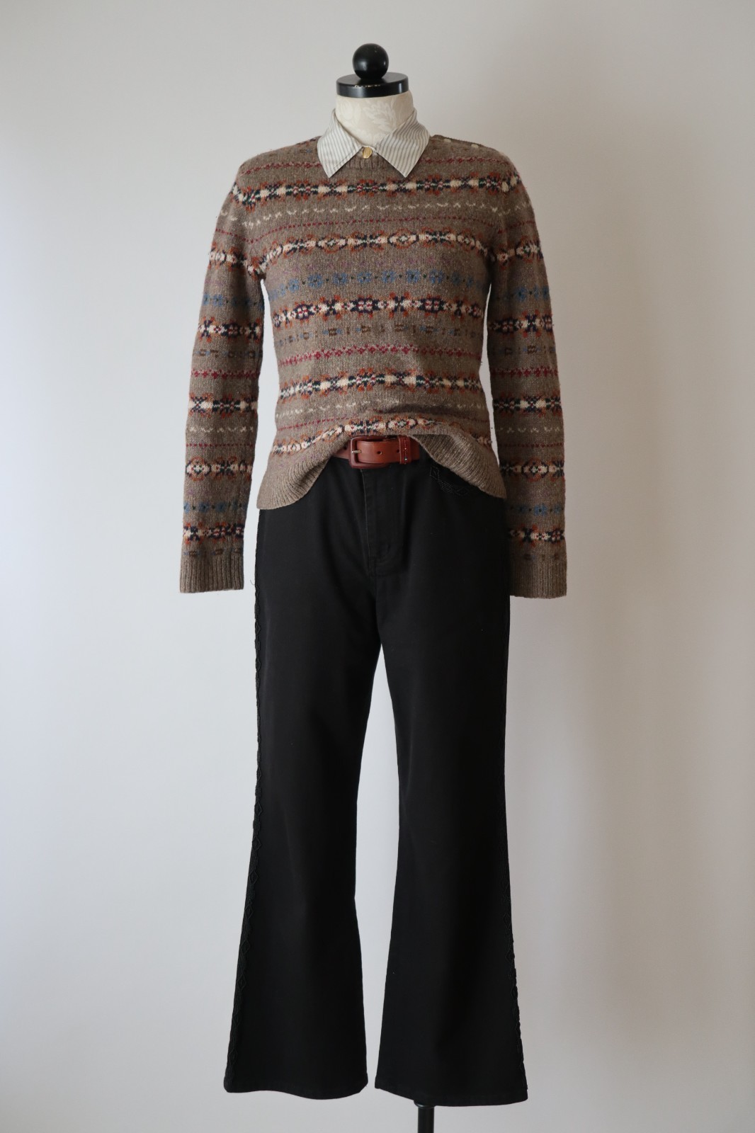Ralph Lauren Beige Wool Cashmere Fair Isle Crewneck Handknit Sweater Women XS S