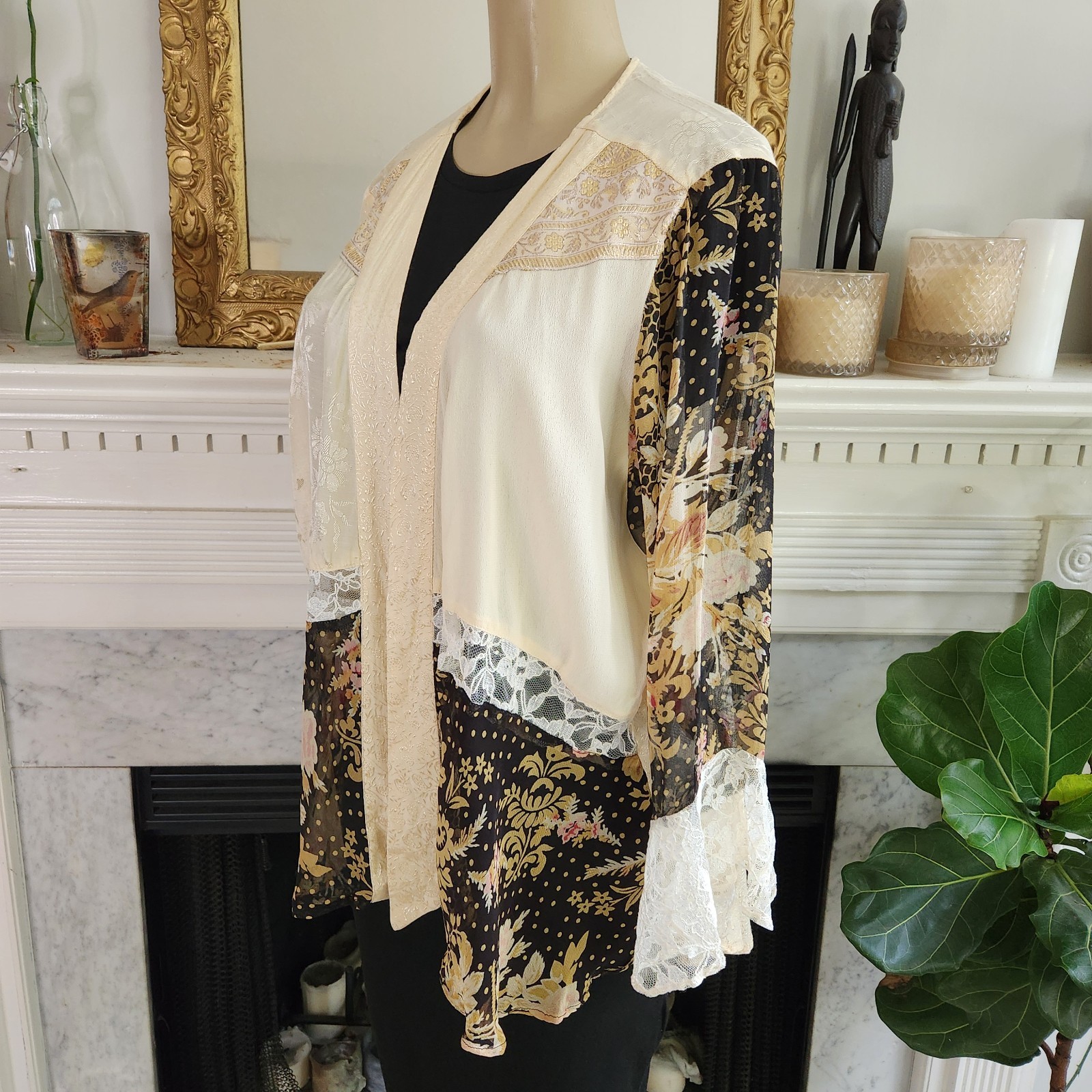 Vtg 80s Beige Patchwork Cardigan Sz 1X Jacket Jacquard Floral Boho Hippy Lace