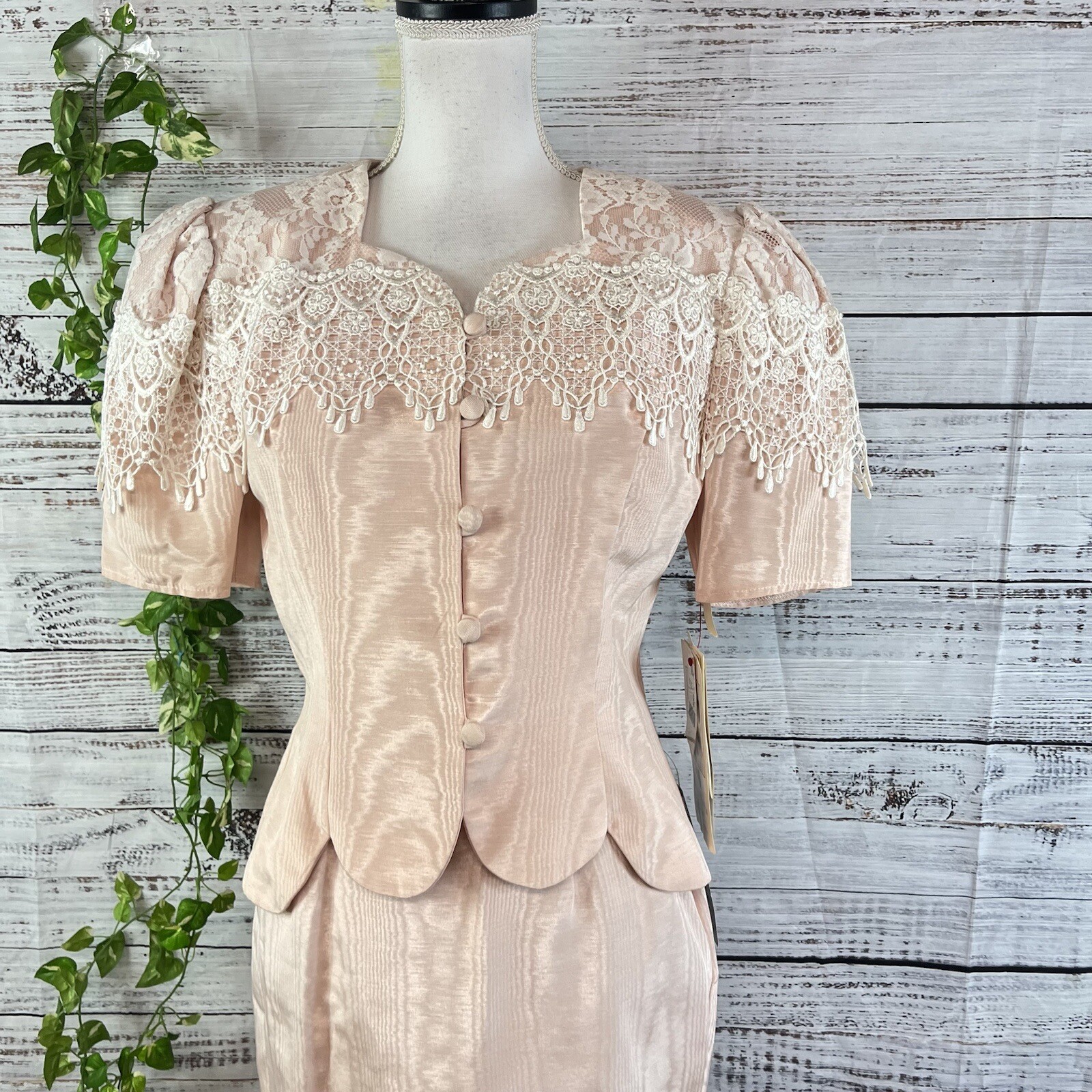 Scott McClintock 80s Vintage Pink Taffeta Lace Skirt Suit Size 8 Wedding Prom