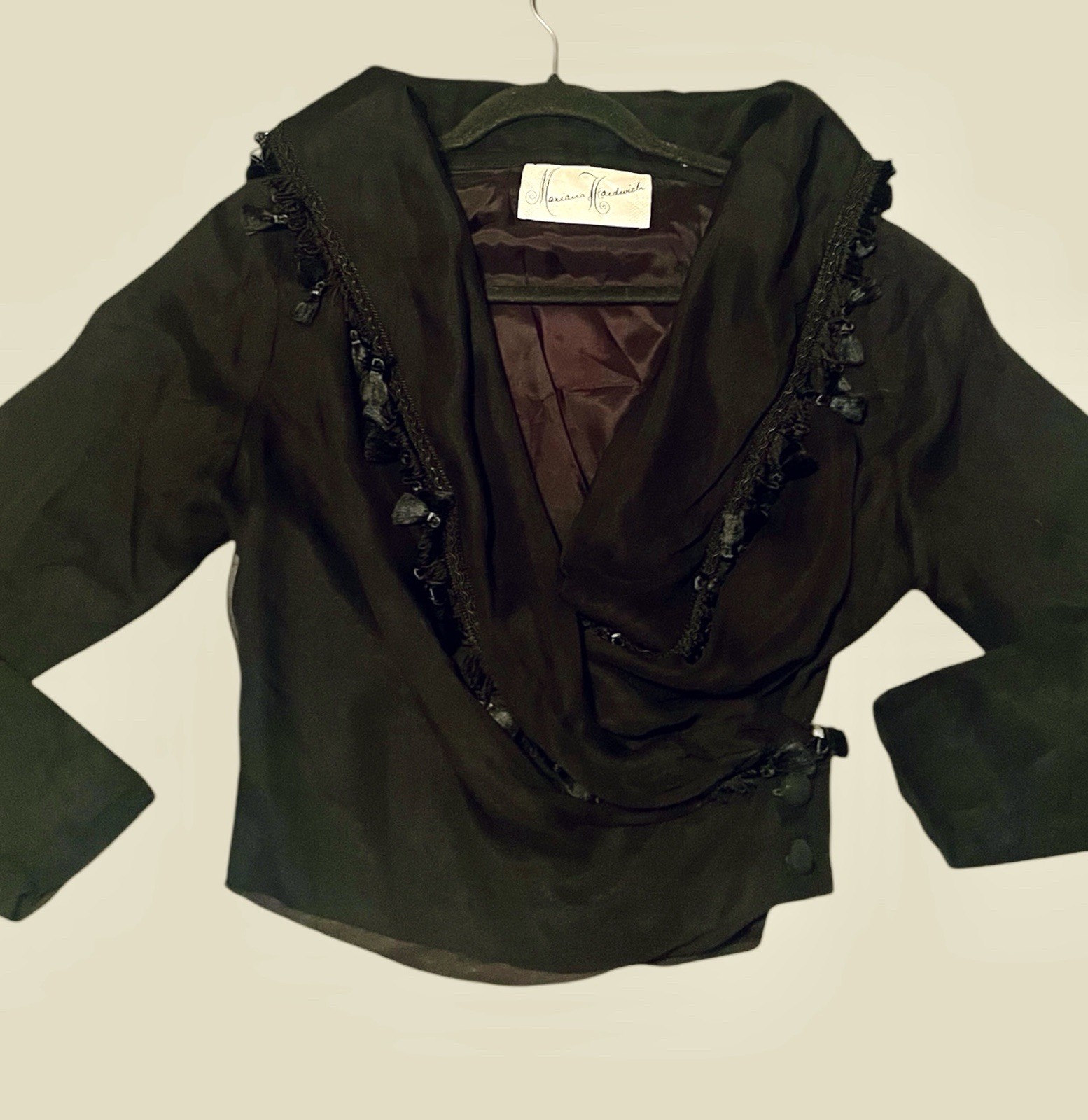 Vintage Black Bolero Jacket Mariana Hardwick 1990s Tassels Shawl Collar Small