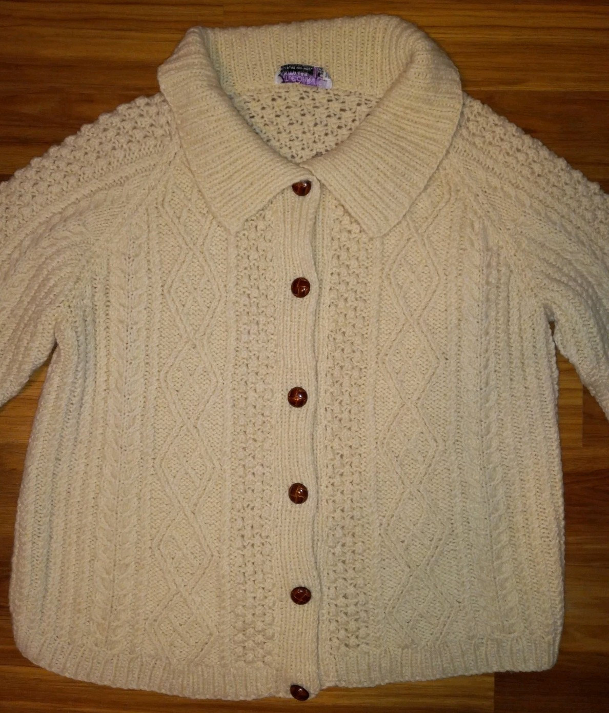 Vintage Pitlochry Scotland Wool Cable Knit Cardigan Shawl Collar EUC L/ XL