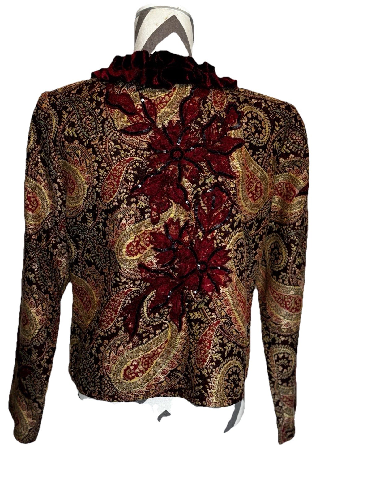 Vintage Womens Petite Med Alex Kim Suit Jacket Maroon Floral Ruffle Tapestry