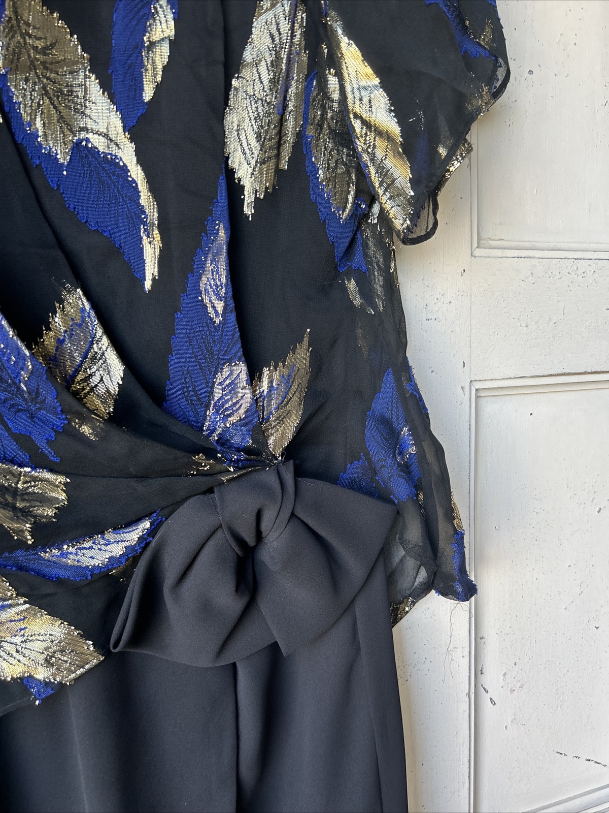 Vintage Women’s Dress Black Blue And Gold Leaves RetroSize 7/8 ILGWU Dry Clean