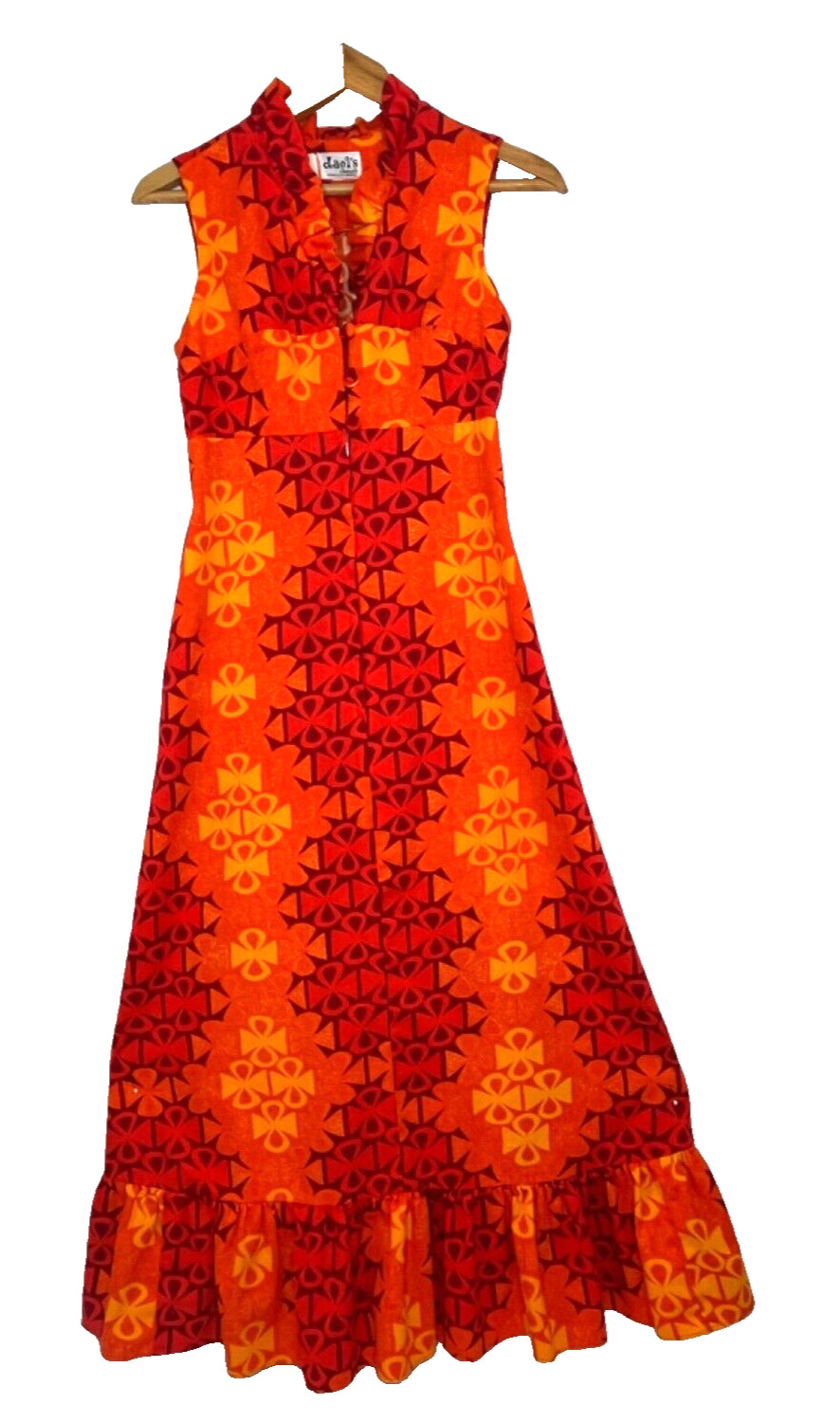 Vtg Retro Mod Hawaiian Tiki Dress Bright Orange Yellow Red Dael’s Honolulu Sz. S
