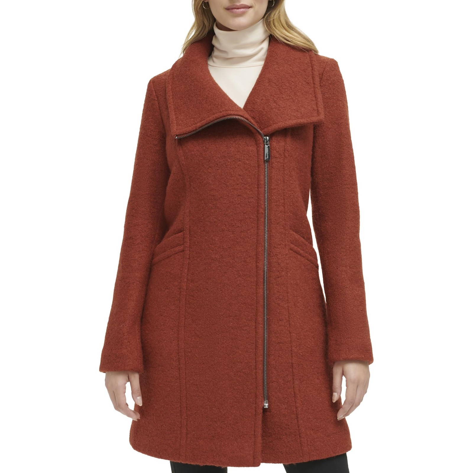 Kenneth Cole Women’s Asymmetrical Zip Wool Boucle Coat X-Large