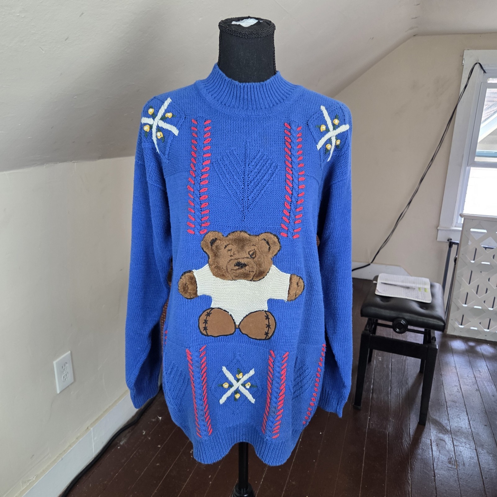 VTG Max and Diane Teddy Bear Sweater Blue Knit Pullover 80s 90s Style M