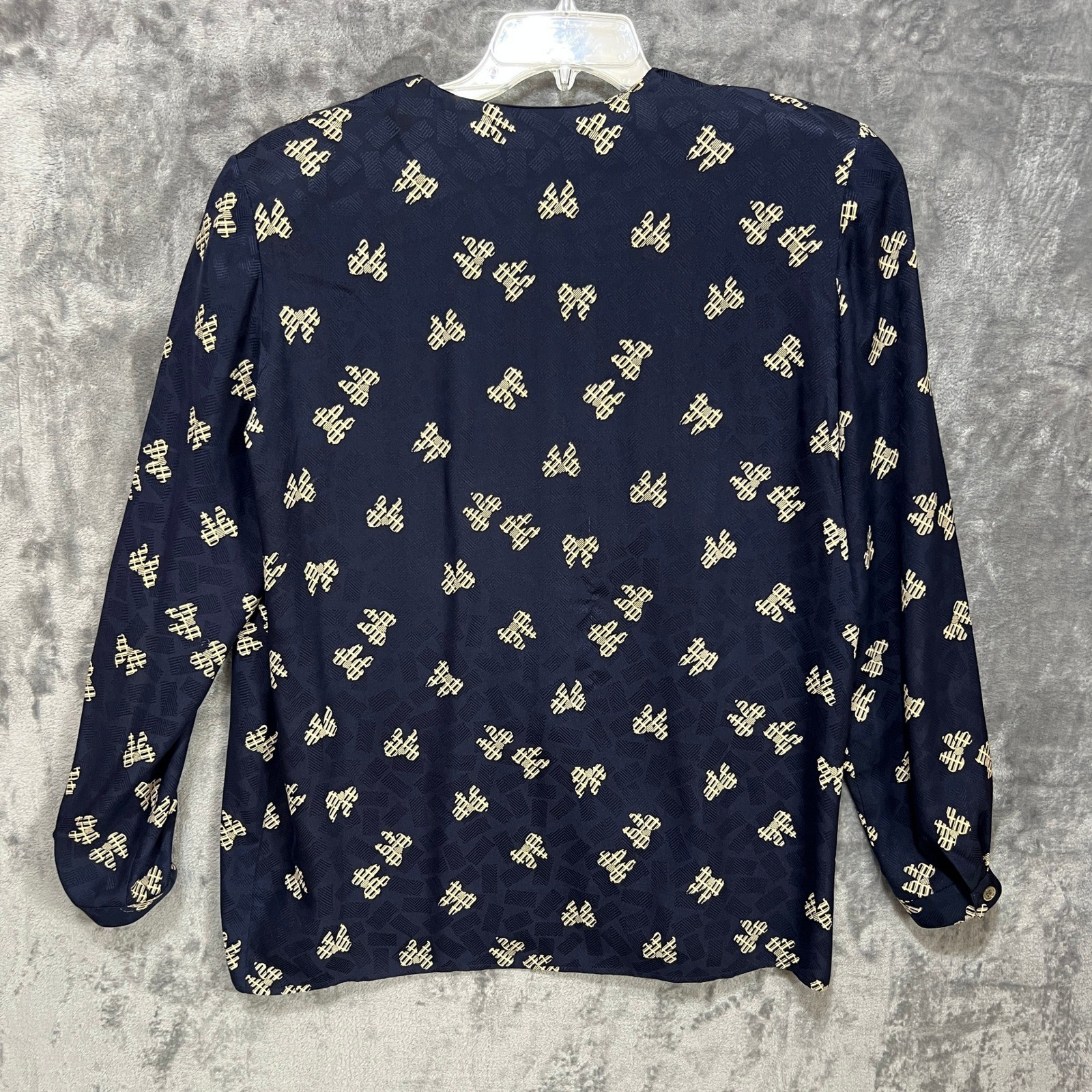 90s Jacquard Bow Print Silk Skirt Blouse Set 12 Navy Office Siren Dark Academia