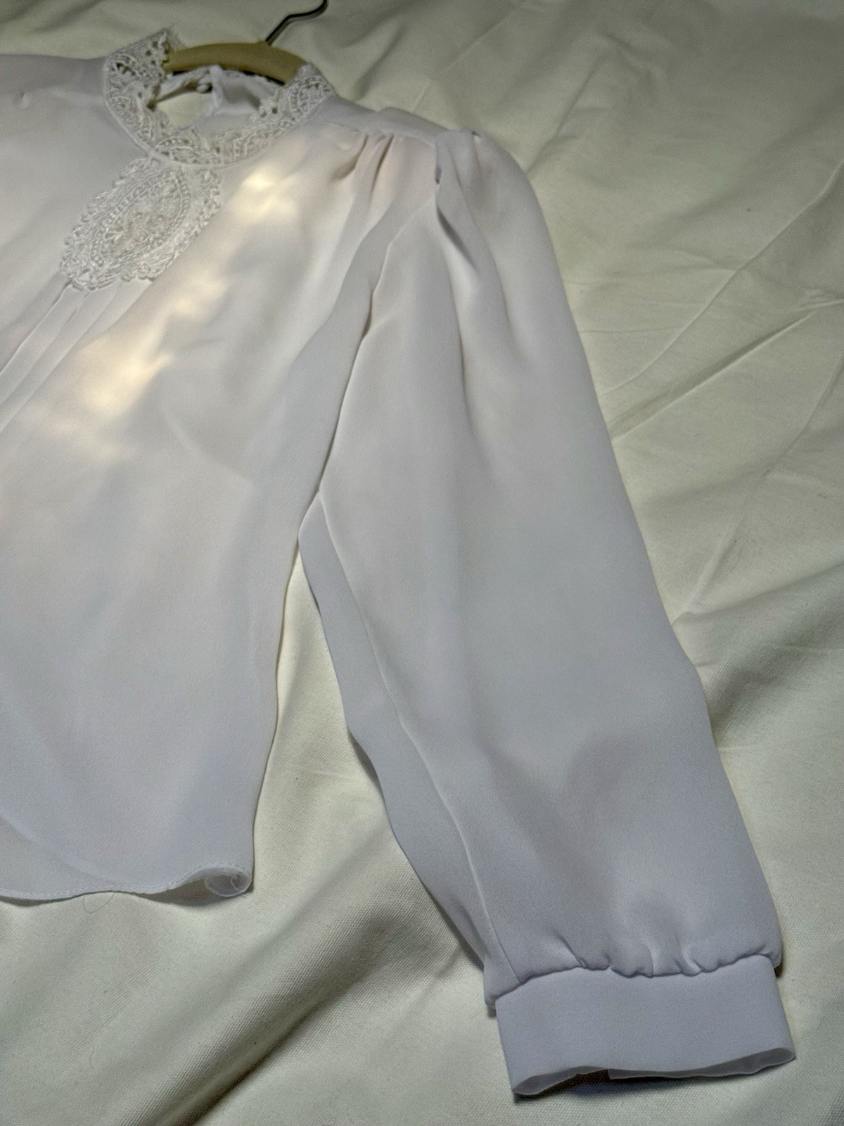 Vtg 1980 Sheer Ivory Blouse Lace Collar/Bib Front Victorian Revival Puff Sleeve