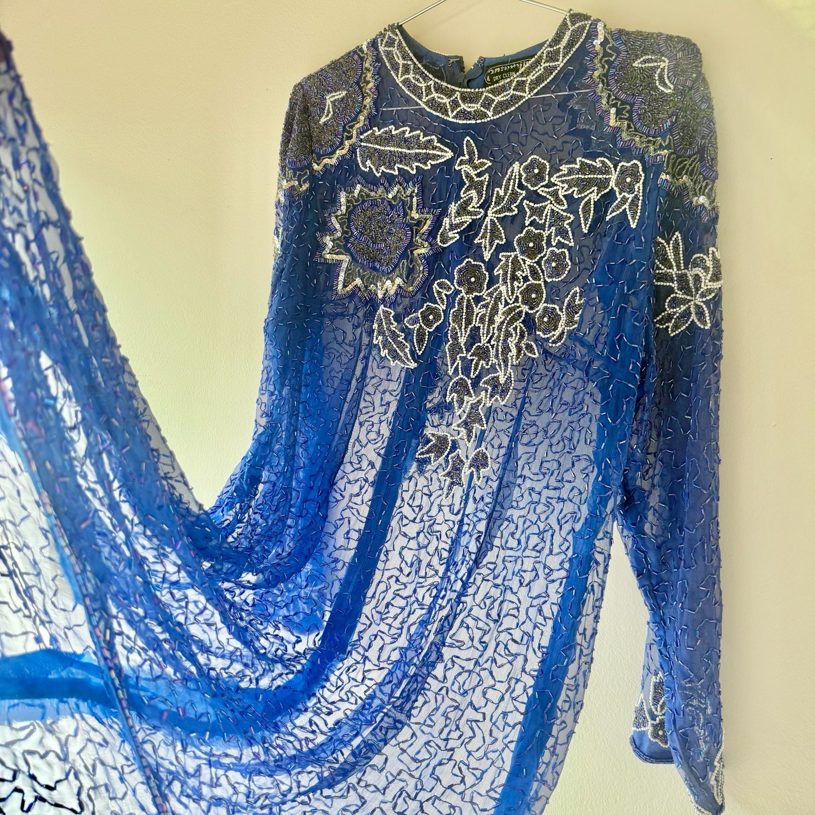 Vintage 100% Silk Beaded Evening Dress Gown Long Sleeve Royal Blue