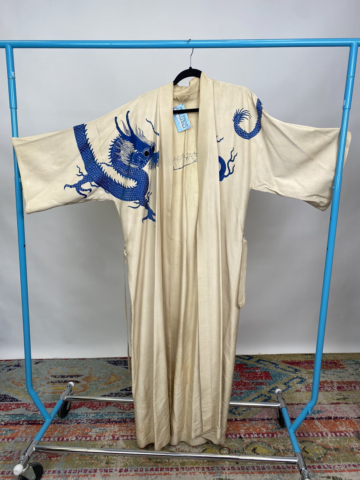 Antique Japanese 1930s 3 Toed Dragon Kimono Robe Blue Embroidery Cream Linen