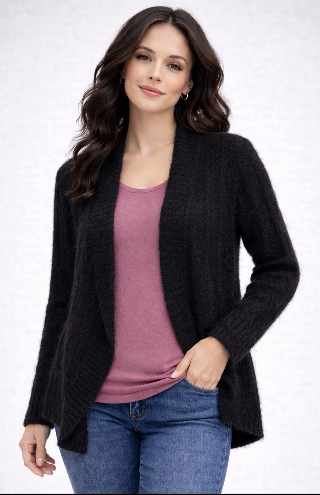 Amari Womens 14/16 Black Mohair Blend Open Front Cardigan Fuzzy Knit Sweater