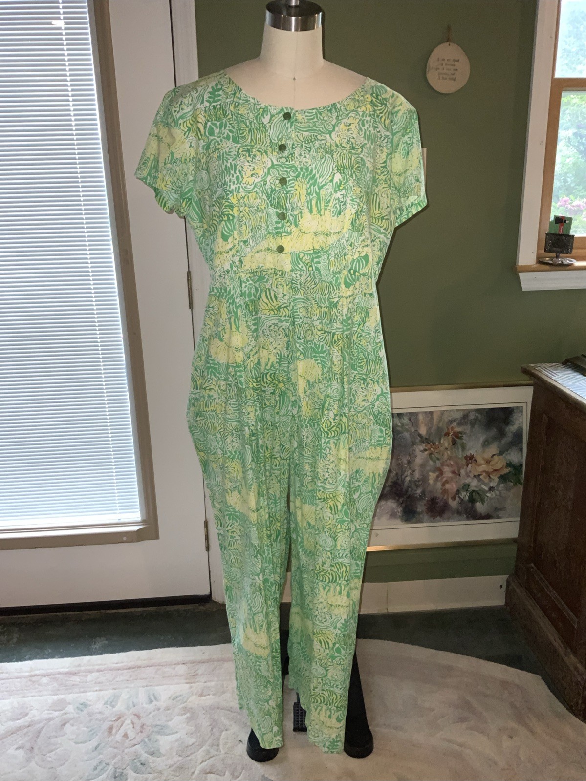 Vintage 1990s Lilly Pulitzer Tiger Zebra Novelty Print Green Yellow Jumpsuit