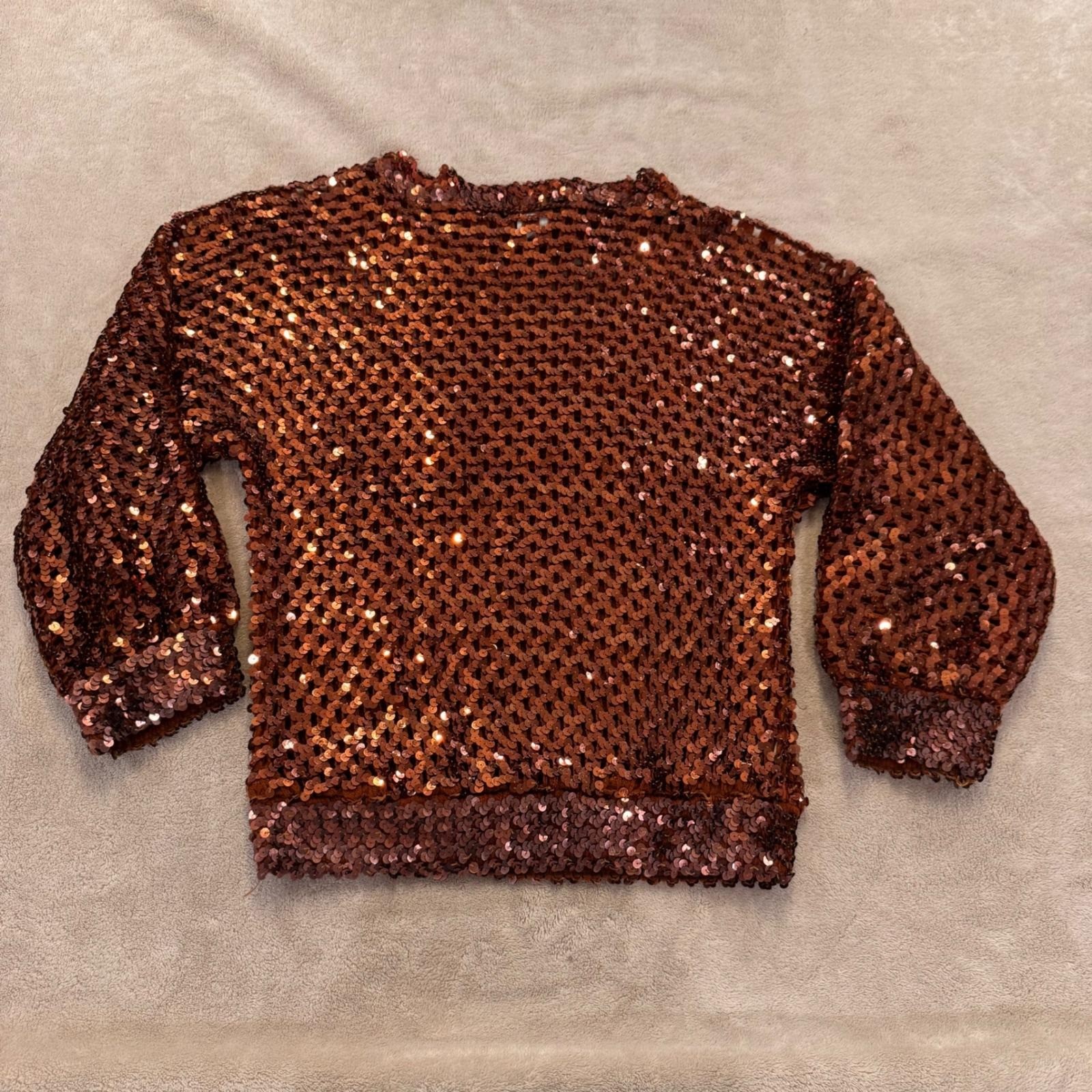 Vintage Western Glam Copper Sequin Long Sleeve Party Top Cocktail Blouse Sz M