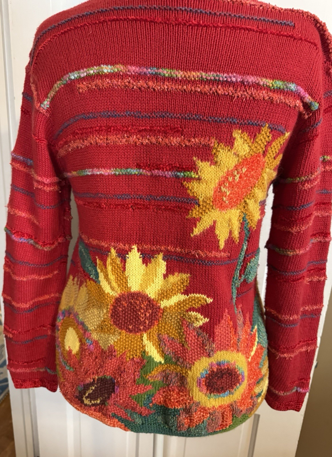 Susan Bristol Sunflower Hand Knit Red Cardigan 2002 Granny core Med Cotton/silk