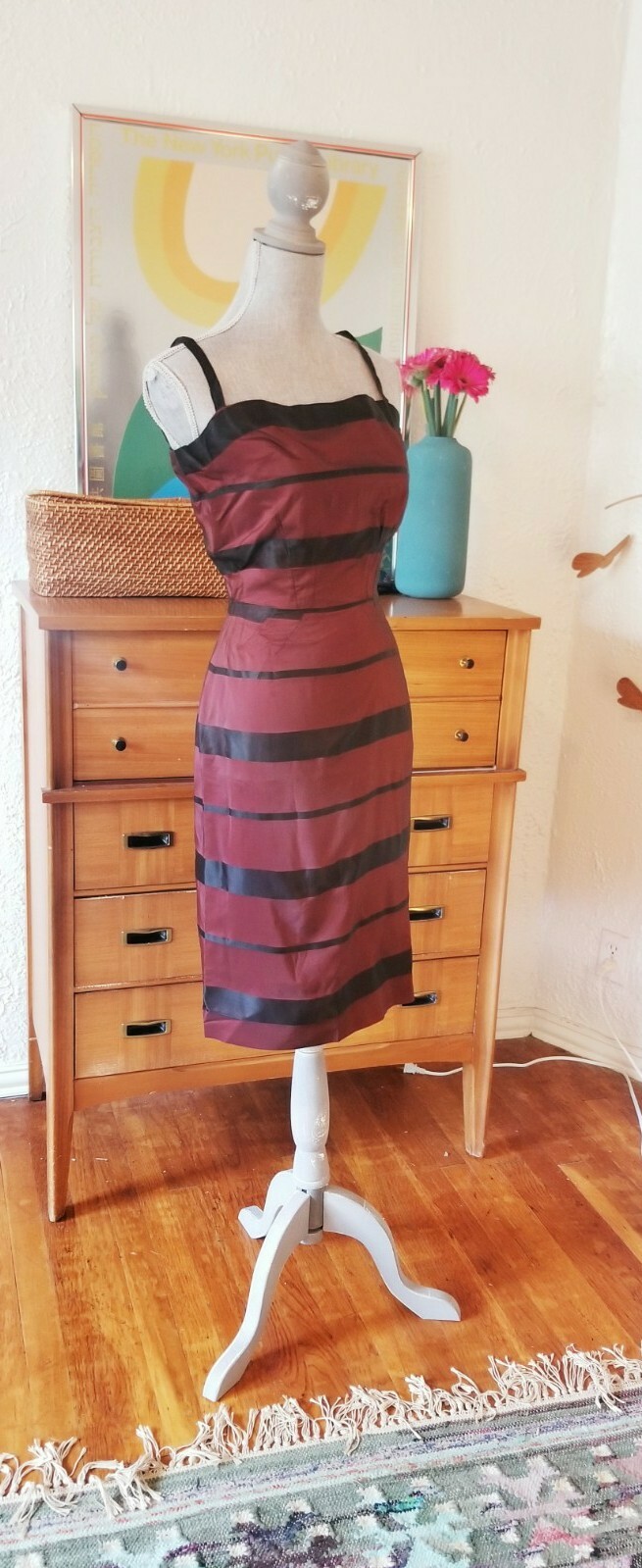 Vintage 50s Dress Party Striped Print Red Black Set Wiggle Suit Caplet XS Small