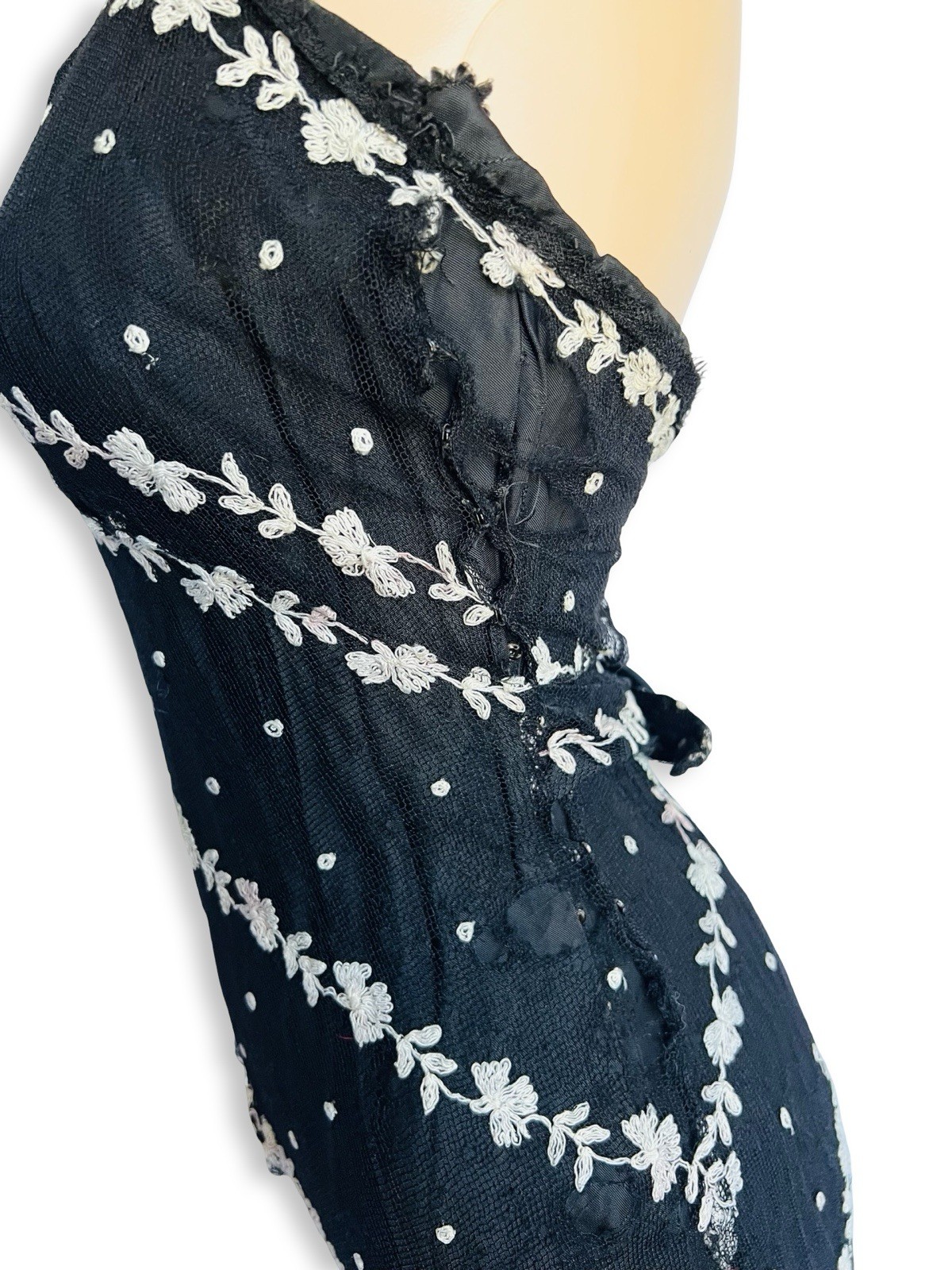 Vintage 1930s Black Mesh White Eyelet Lace Bias Cut Gown Dress Small XS As Is