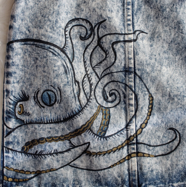Vtg Limited Express Acid Wash Denim Jean Skirt Handpainted Octopus Steampunk XS