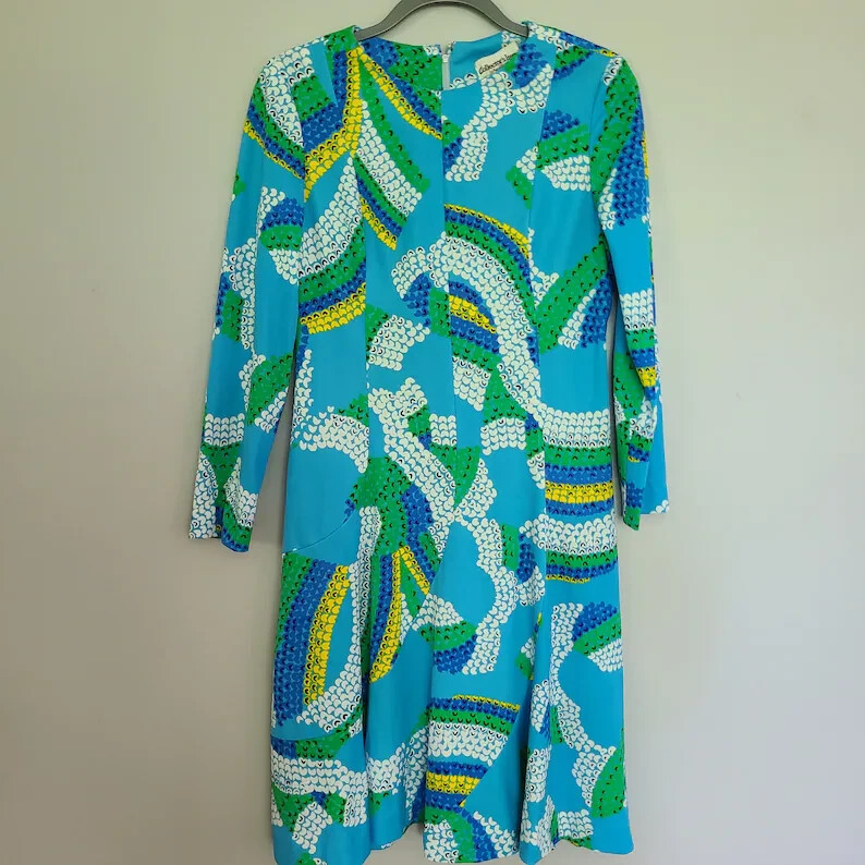 Vintage Women’s Anne Fogarty Dress 12 Collector’s Items Dress 60s 70s Blue Green