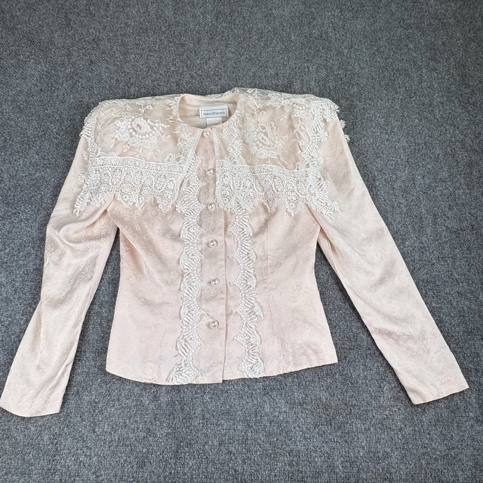 VTG 80’s Jessica McClintock Blouse 8 Pink Lace Pearl Buttons Victorian Cottage