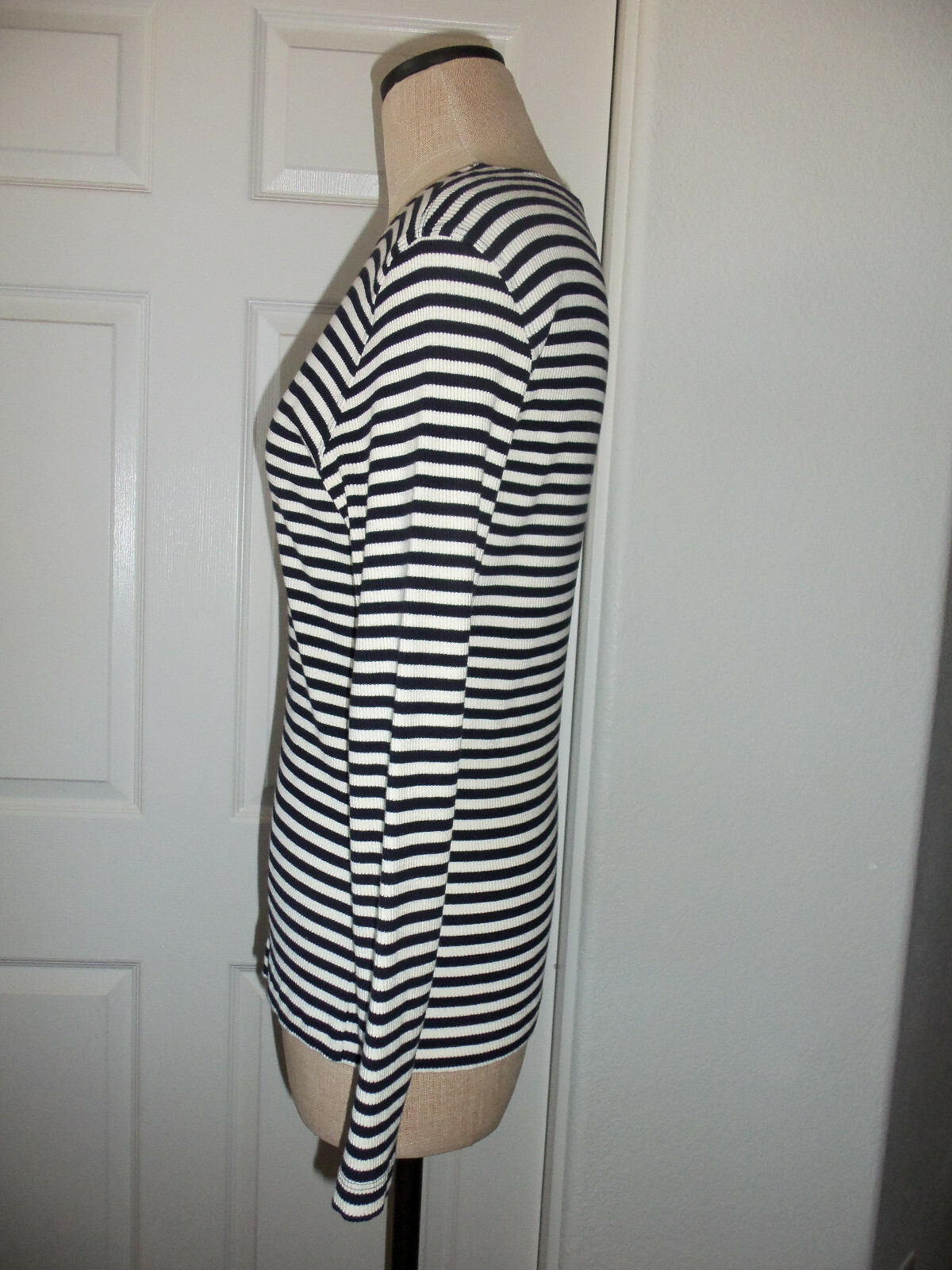 Vintage Banana Republic Navy Blue Cream Cotton Ribbed Knit Long Sleeve T-Shirt M