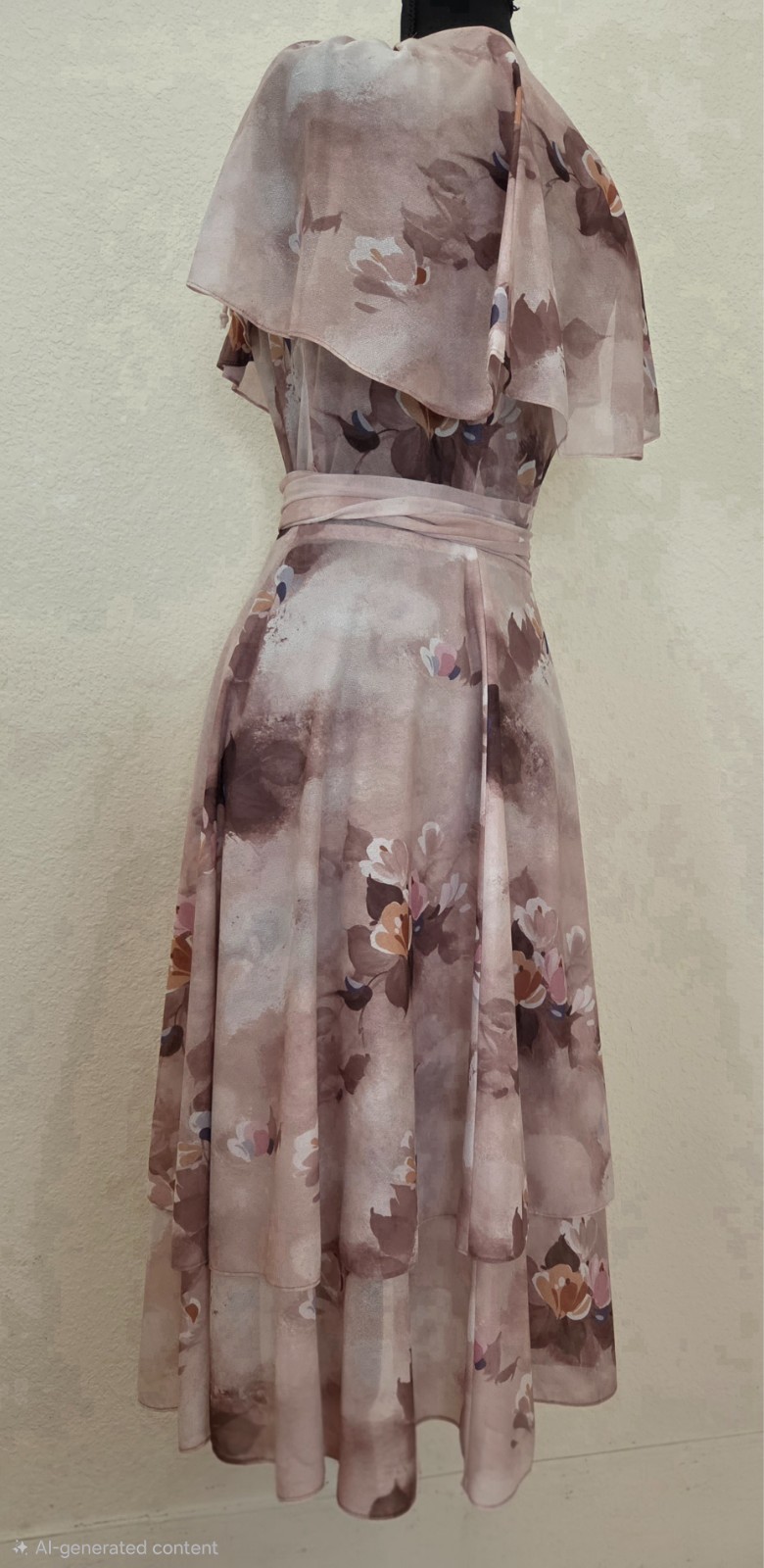 Vintage 1970’s Joseph Magnin Floral Wrap Layered Dress with Tie Cap Sleeves