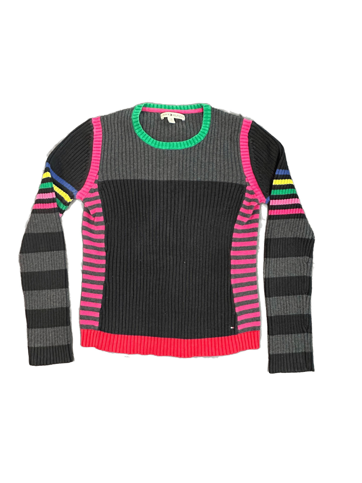 RARE Tommy Hilfiger Womens Sweater L JAPAN Y2K Rainbow Stripe Ribbed Knit Cotton