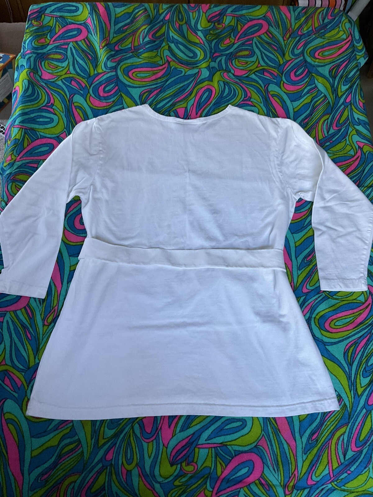 Vintage White DressyT-Shirt 3/4 Sleeve Metal Ring Matching Belt Newport News 90s