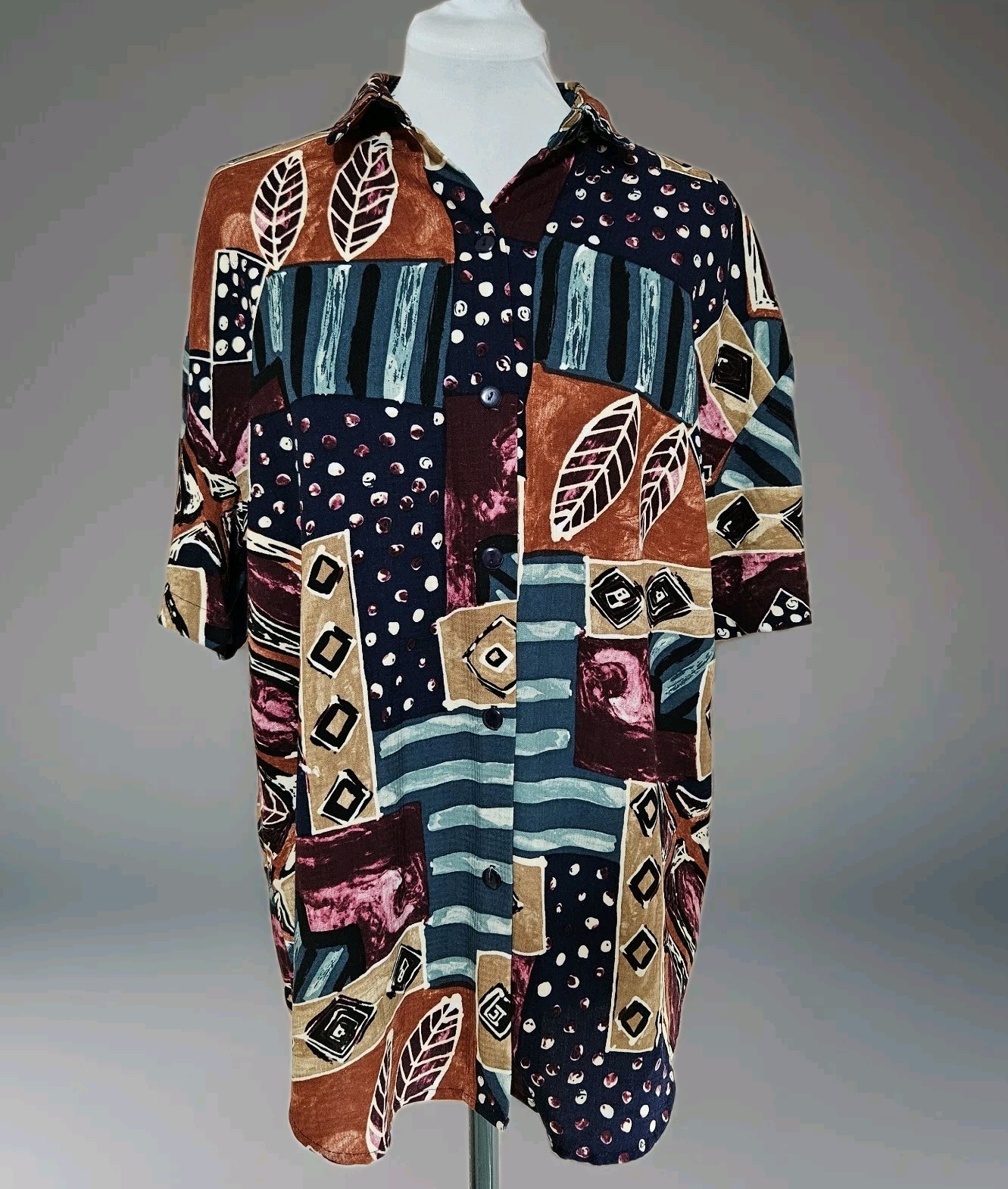 Caliche Collection Vintage 80s Multicolor Geometric Print Rayon Blouse Wmns Sz M