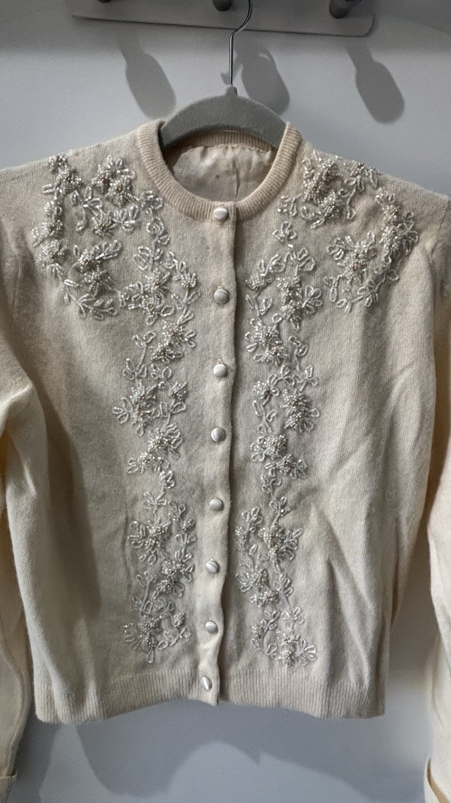 Vintage 1950s Cream Ivory Beaded Cardigan Sweater Pearl Floral Hand Embroidered