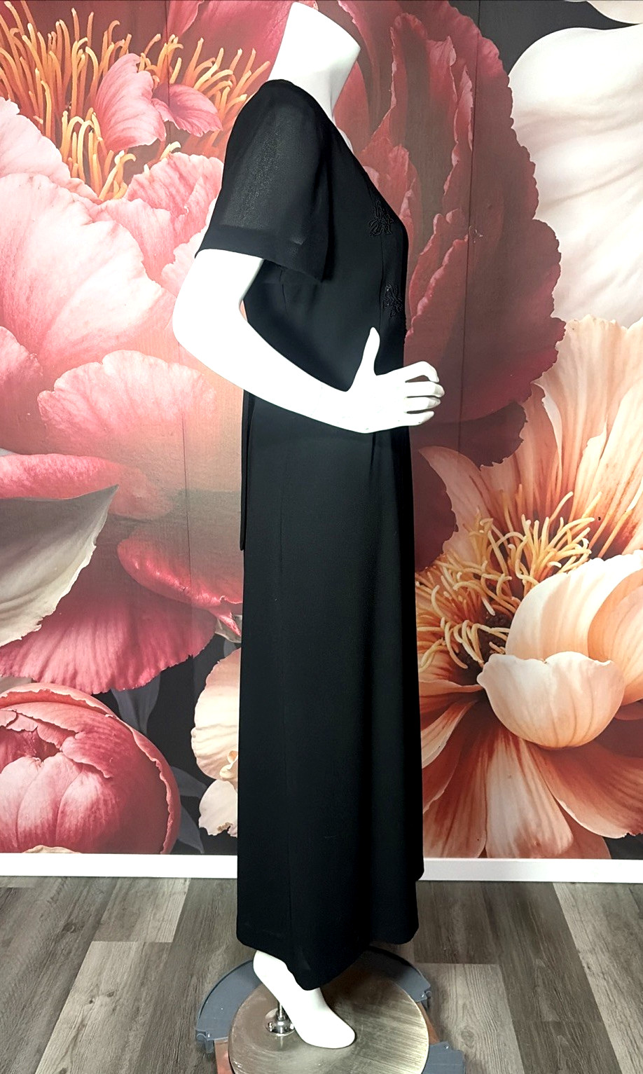 VTG Jessica Howard Black Maxi Dress Sz 14 Beaded Butterfly Pleated NWT