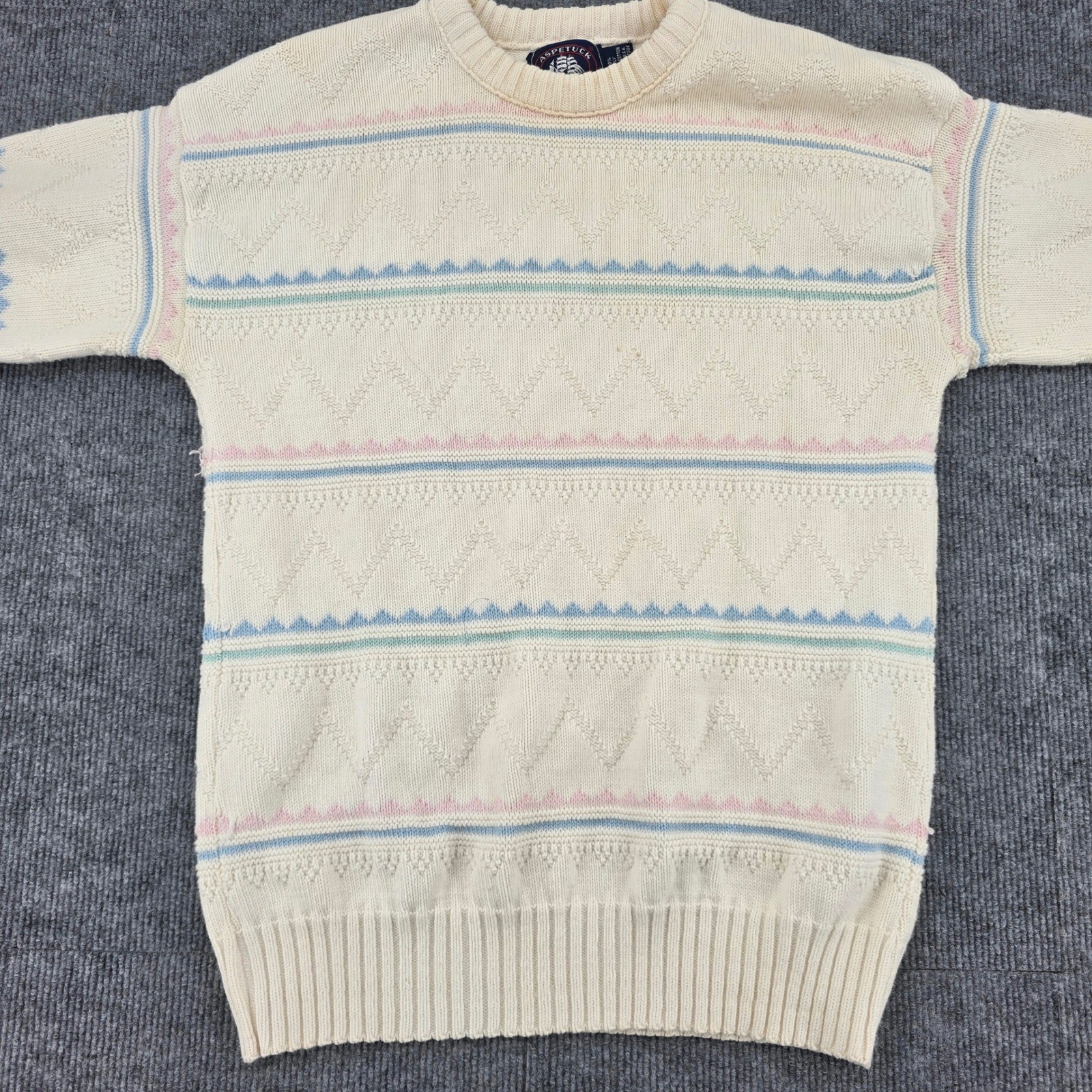 Aspetuck Trading Co Vintage Womens M Cream Pastel Striped Cotton Knit Sweater