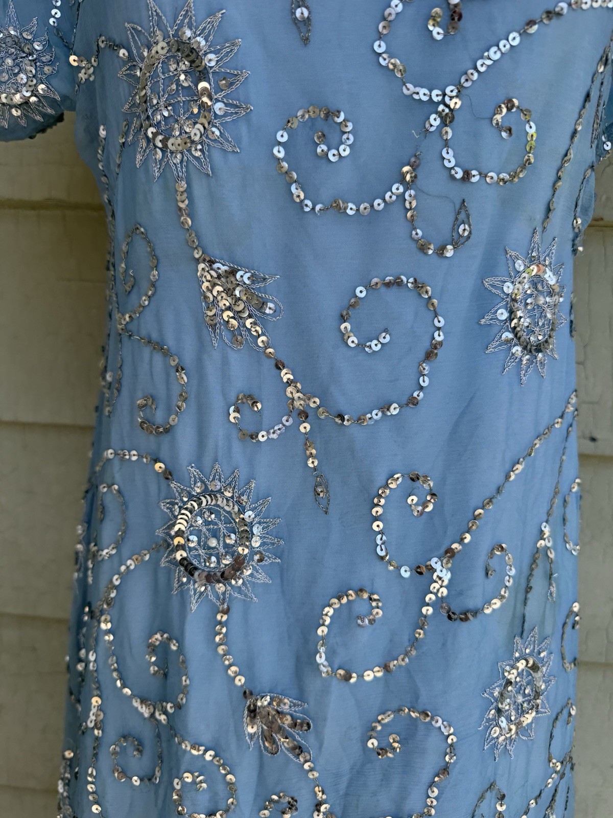 Vtg 60’s Profils Du Monde Beverly Hills Baby Blue Gown Silver Sequins Silk S