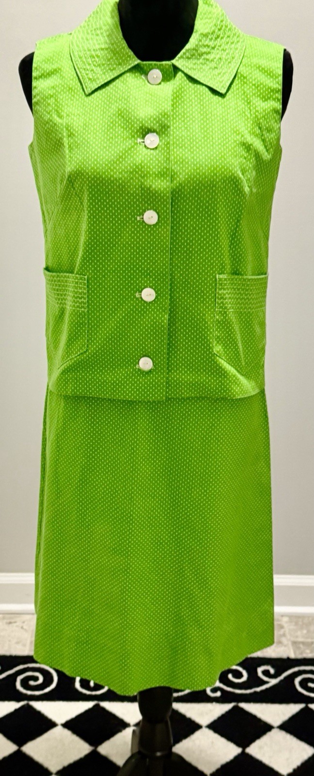Vintage 1970s Women’s Heavy Cotton Green & White Polka Dot 2 Piece Top/Skirt