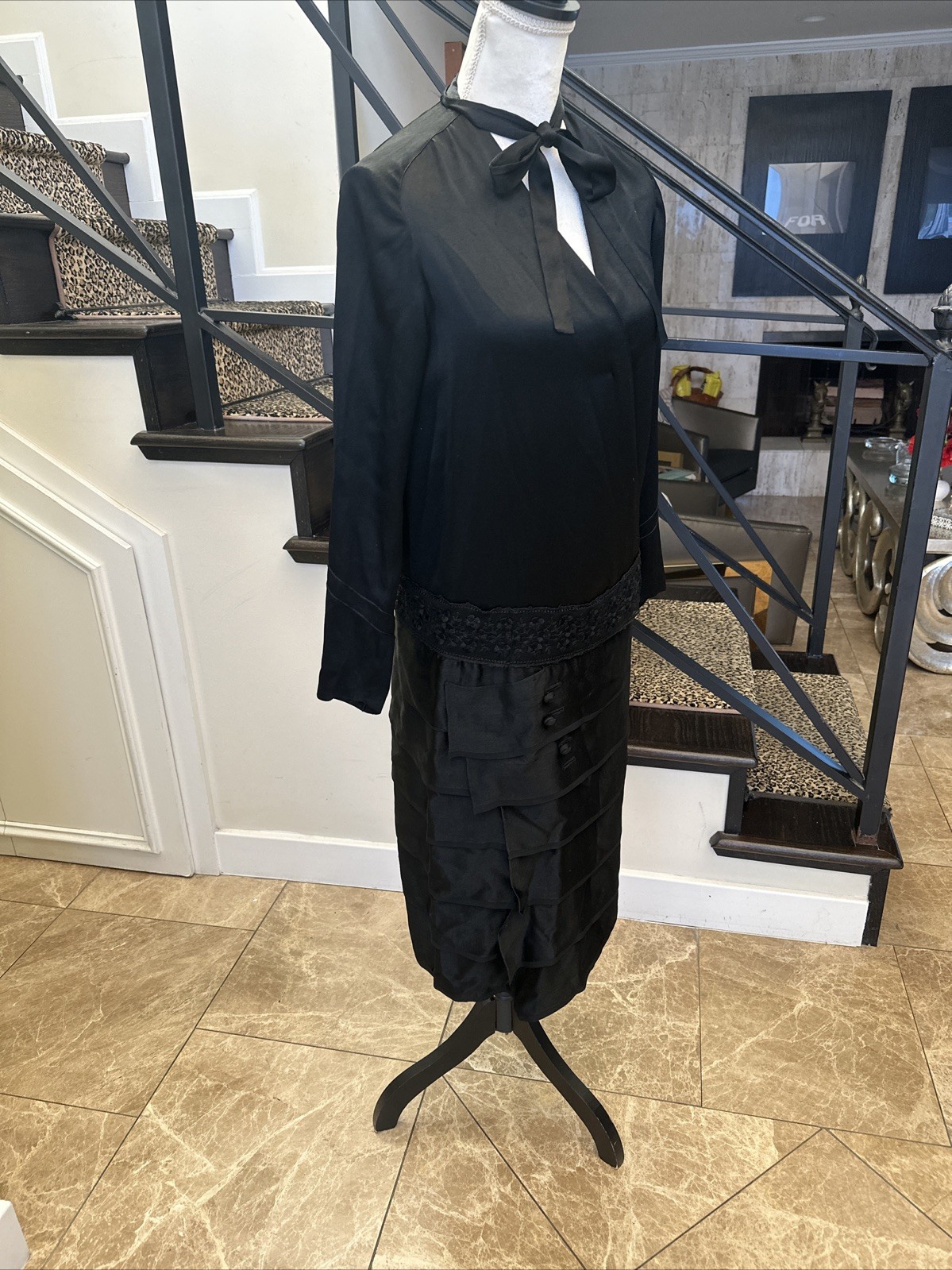 Vintage 1920s Black Satin Tiered Drop Waist Pussy Bow Lace & Embroidered Dress