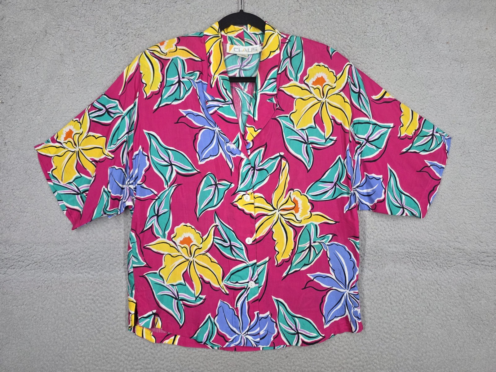 Vintage 80s Womens Top Size 12 Chaus Pink Floral Print Colorful Button Up