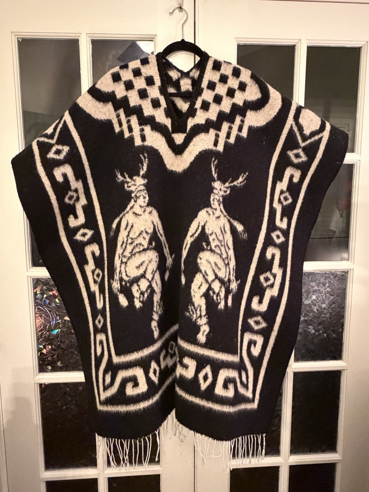 Vintage Reversible Black And White Native Indigenous Wool Poncho