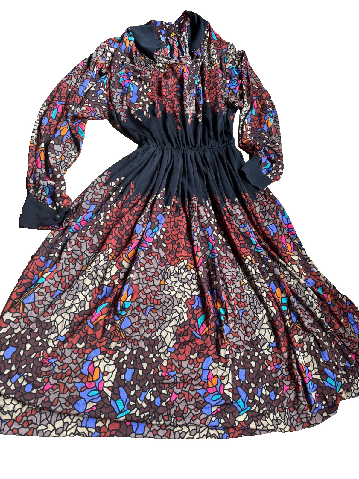 Lisabella Roma Vintage Midi Dress 70s 80s Jersey Fit & Flare Mosaic Pattern 40 42