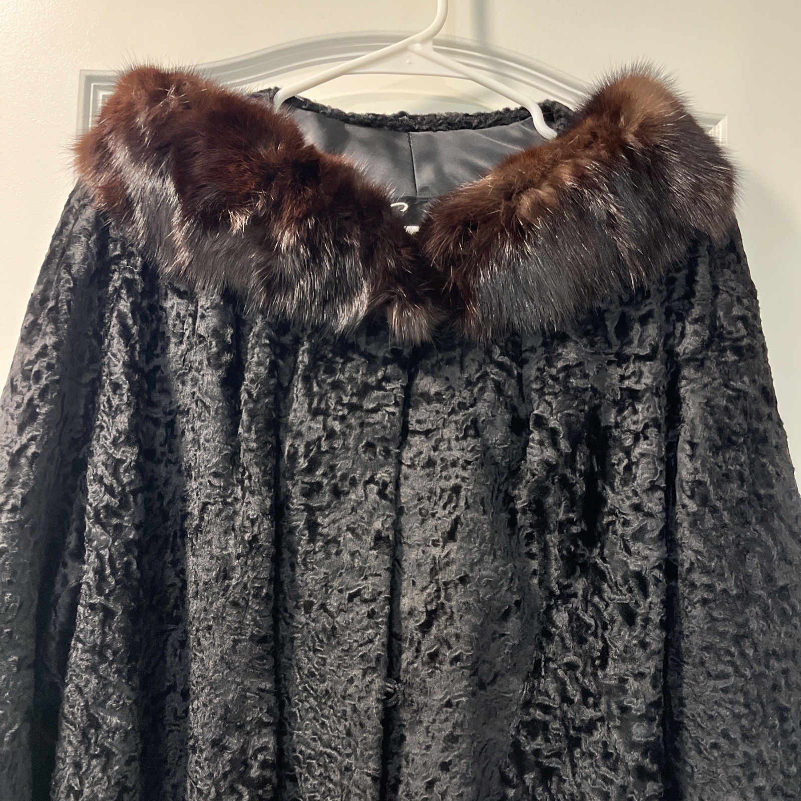 Vintage Persian Lamb Coat Mink Collar Large Black Brown Curly Lamb Old Money