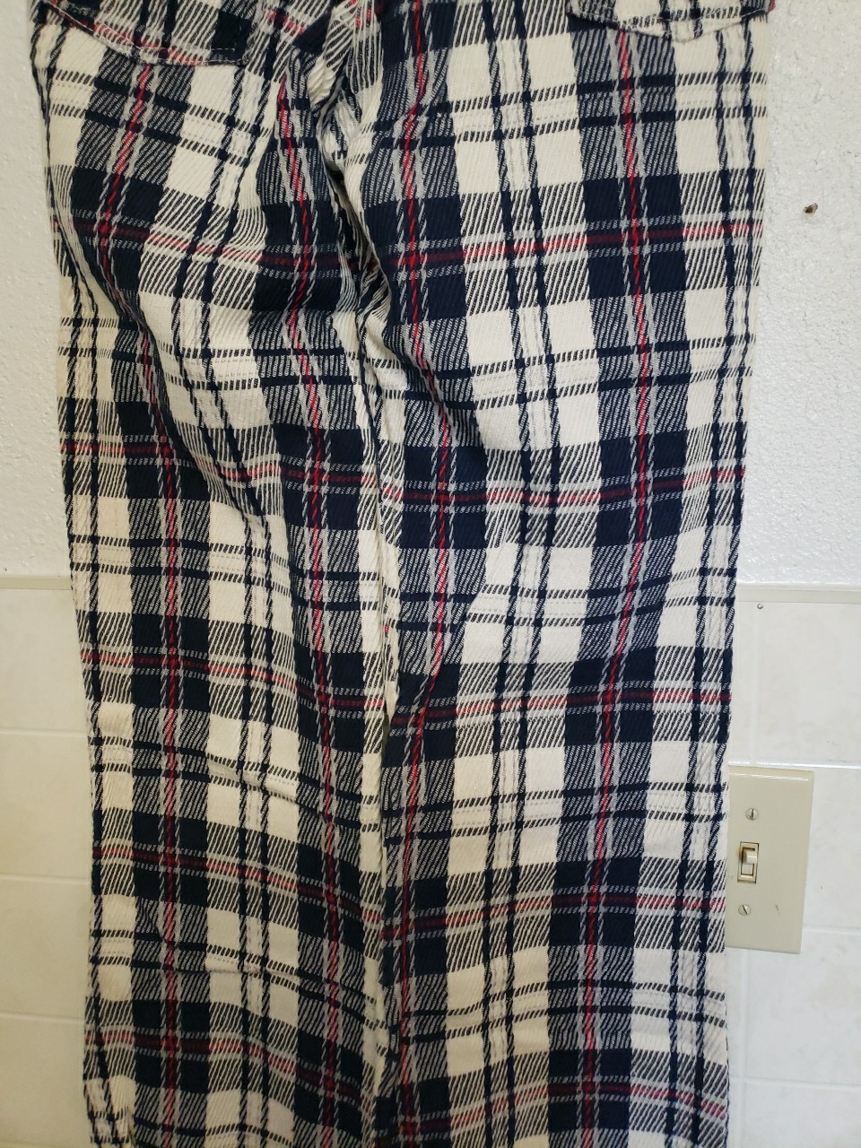 Vtg 60s 1970s Plaid Pants Cuffed 30×30 Red White Blue Bell Bottom Flare TopsAll