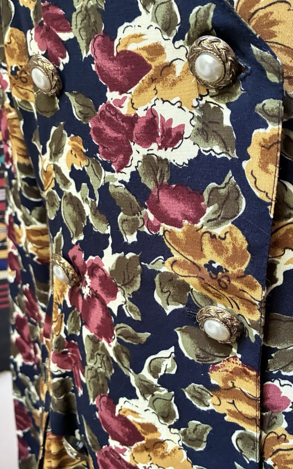 Vintage 90s Wrapper Rayon Navy Floral Double Breasted Jacket Blazer USA Made M