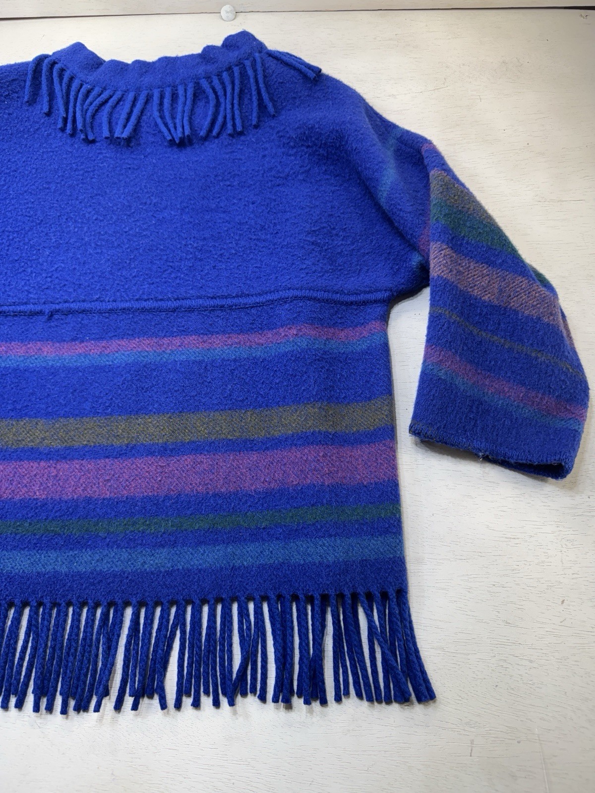 Vintage Lapp Lander Fringed Blanket Sweater Blue 100% Wool Norway 40
